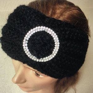 Ear warmer headband handmade black w/ rhinestone’s